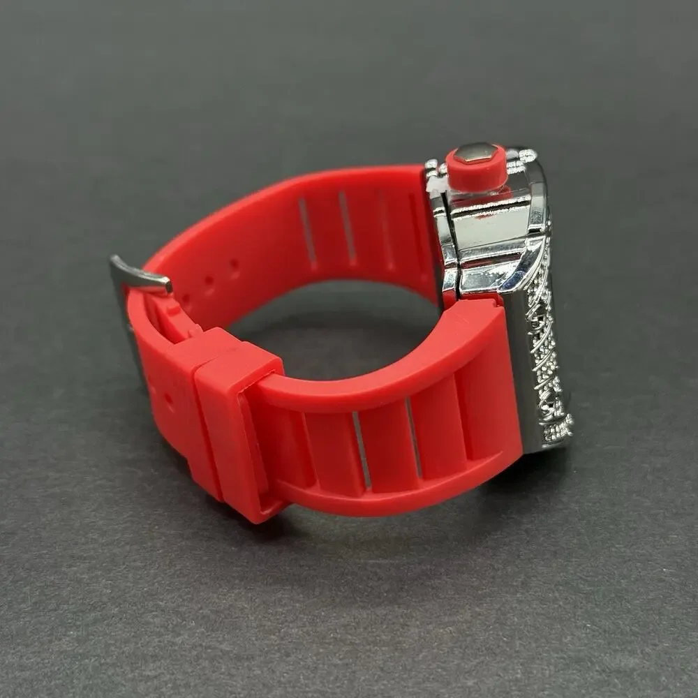 Men's Avant-Garde Tonneau Sport Watch Fully Iced Out Bezel & Vibrant Red Band